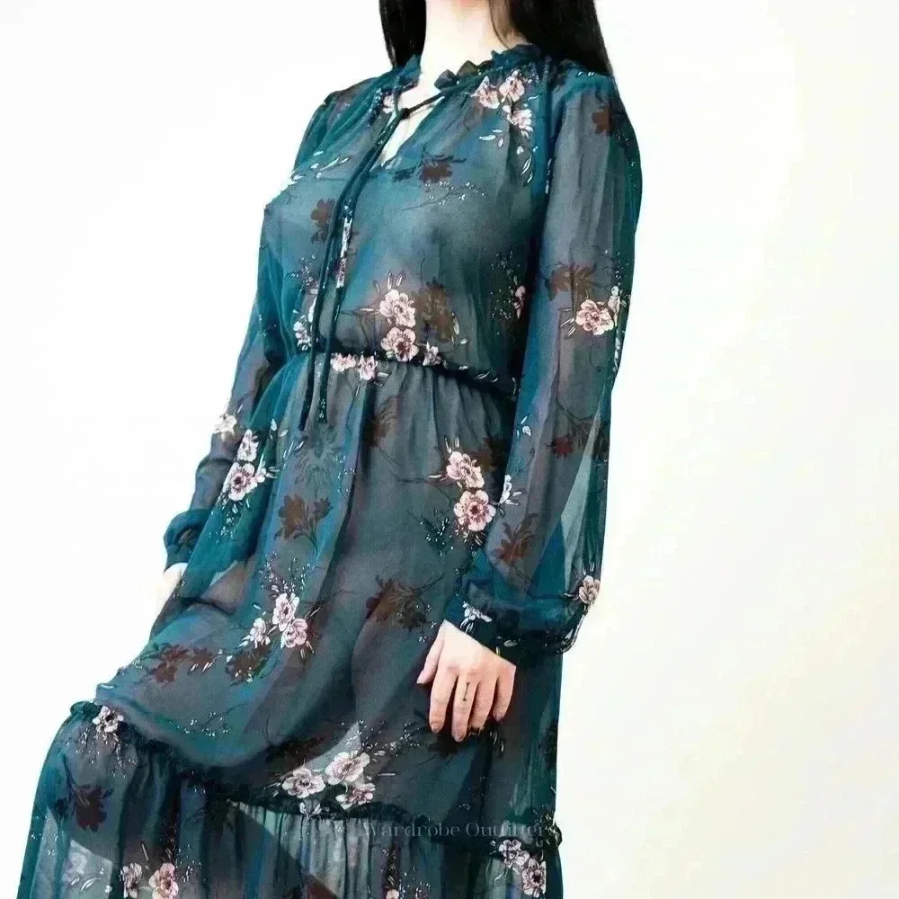 Lulus Newell Teal Green Sheer Floral Print Midi Dress - L - Picture 6 of 8